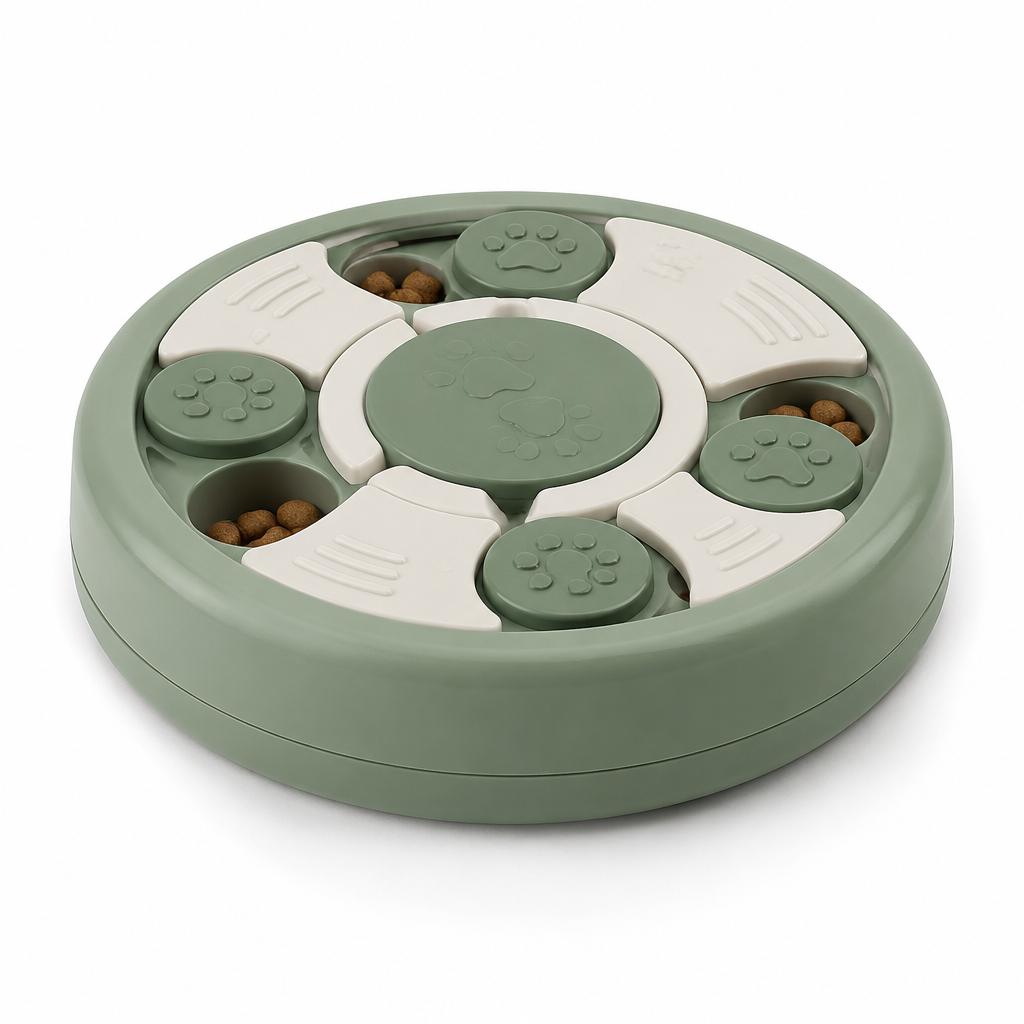 Imagem conceitual de puzzle para cães verde e creme em fundo branco