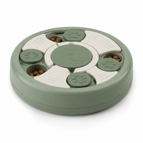 Imagem conceitual de puzzle para cães verde e creme em fundo branco
