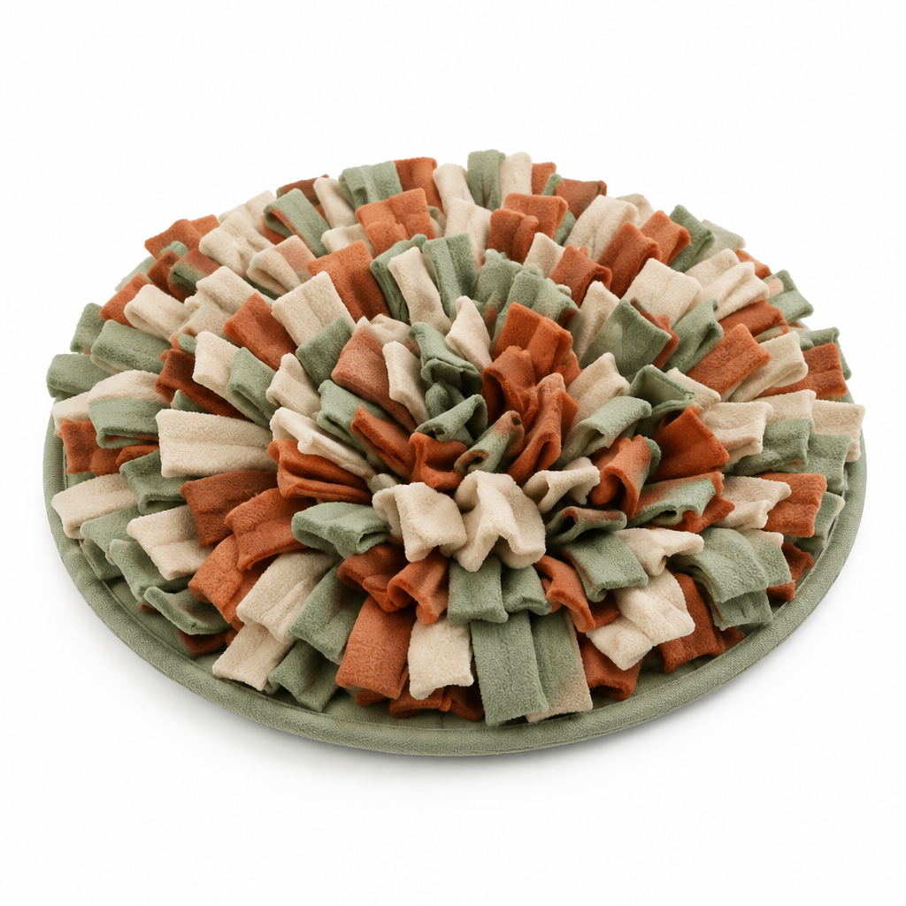 Imagen conceptual de una alfombra olfativa verde, beige y terracota sobre fondo blanco